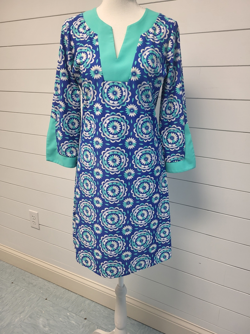 All For Color Blue & Mint Geometric Swim Coverup Dress Sz.Small